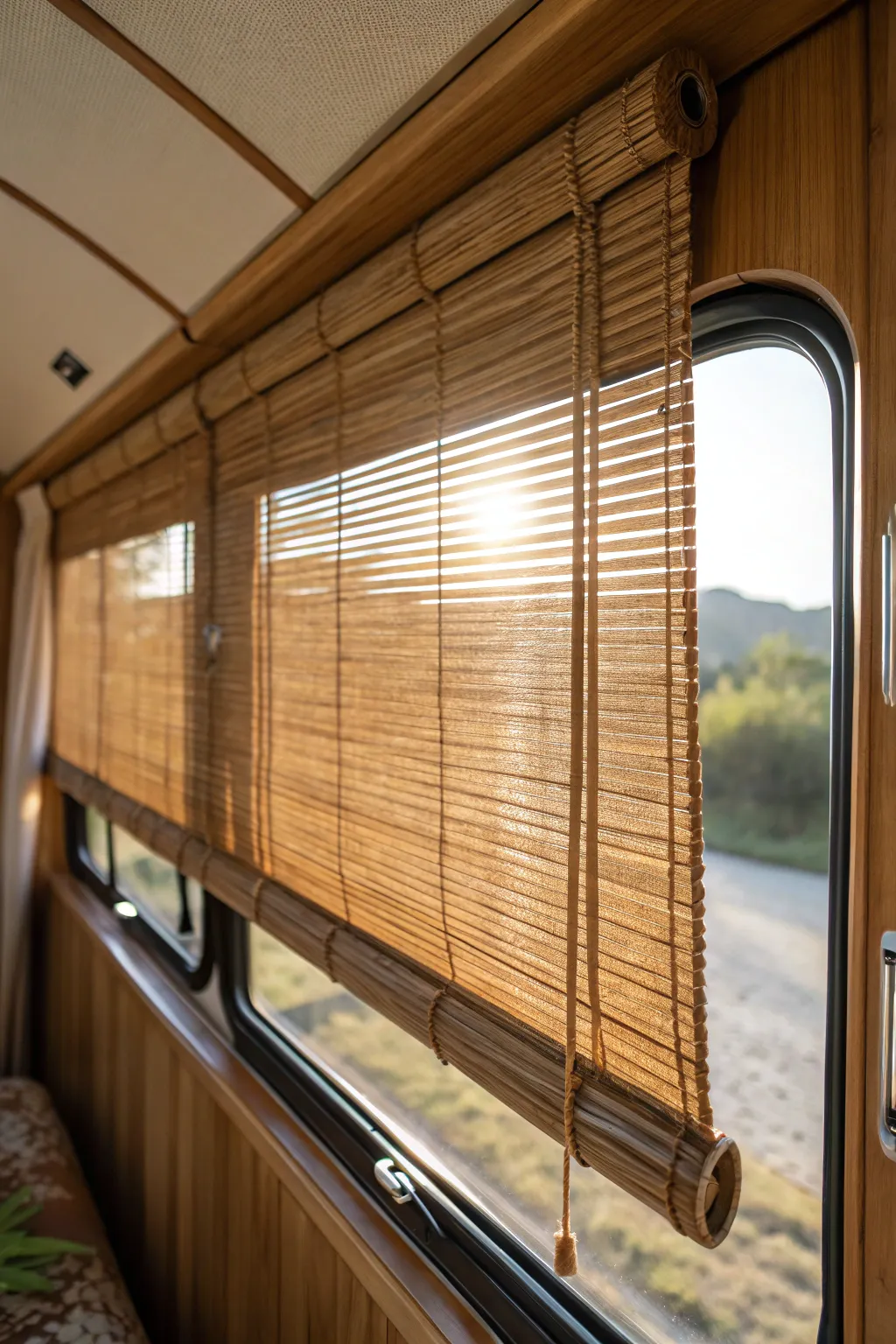 Transform your camper with the elegance of bamboo blinds, bringing nature's beauty and light into your space.