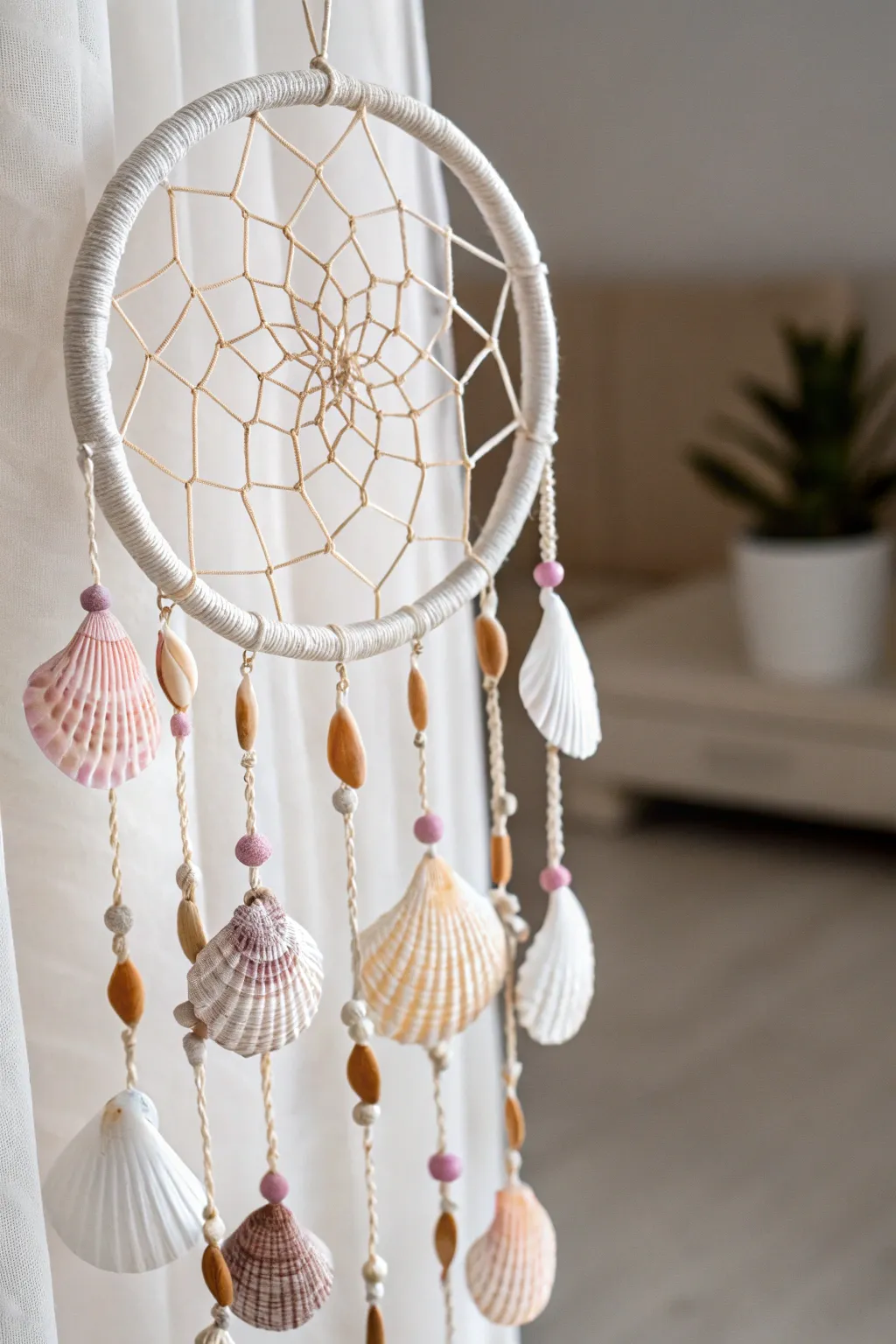 Embrace tranquility with a shell-adorned dream catcher, where coastal charm meets minimalist elegance.