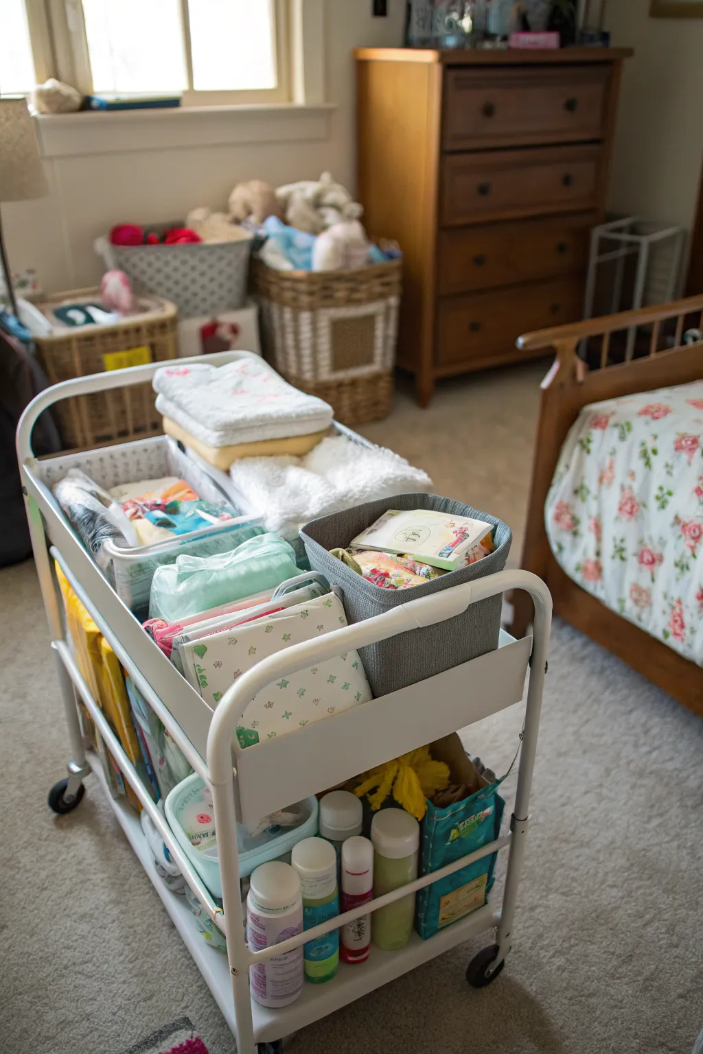 A rolling cart holding baby essentials, offering flexibility in a shared room.