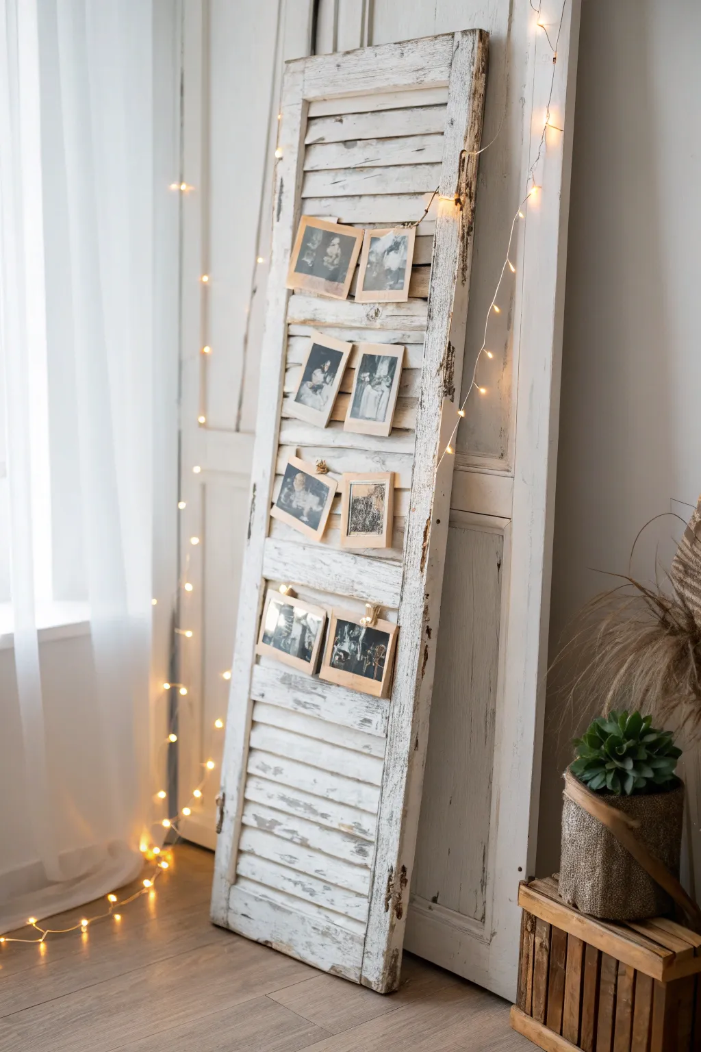 Transform old shutters into a charming photo gallery for your home.
