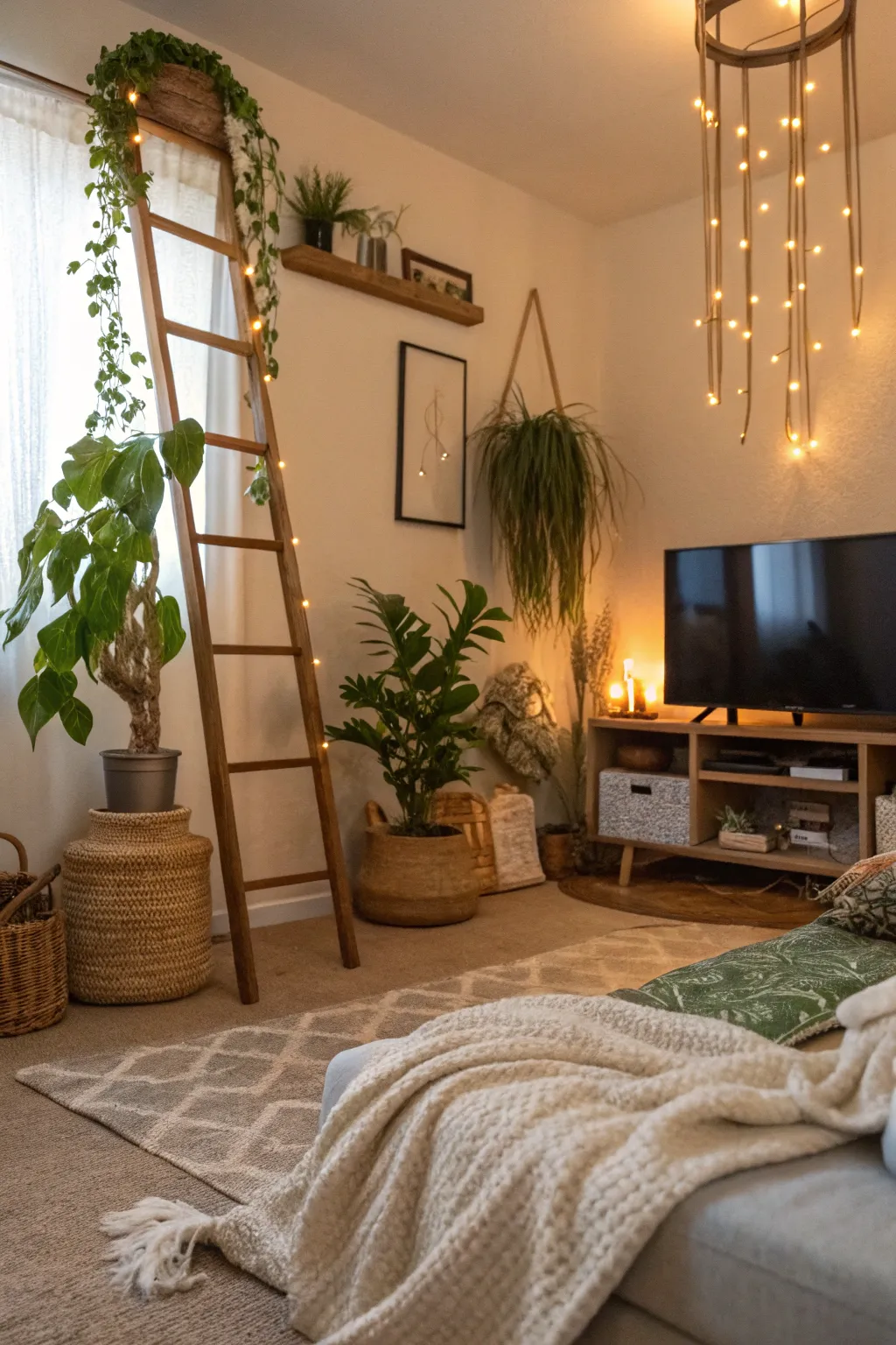 A decorative ladder adds charm and vertical interest under your TV.