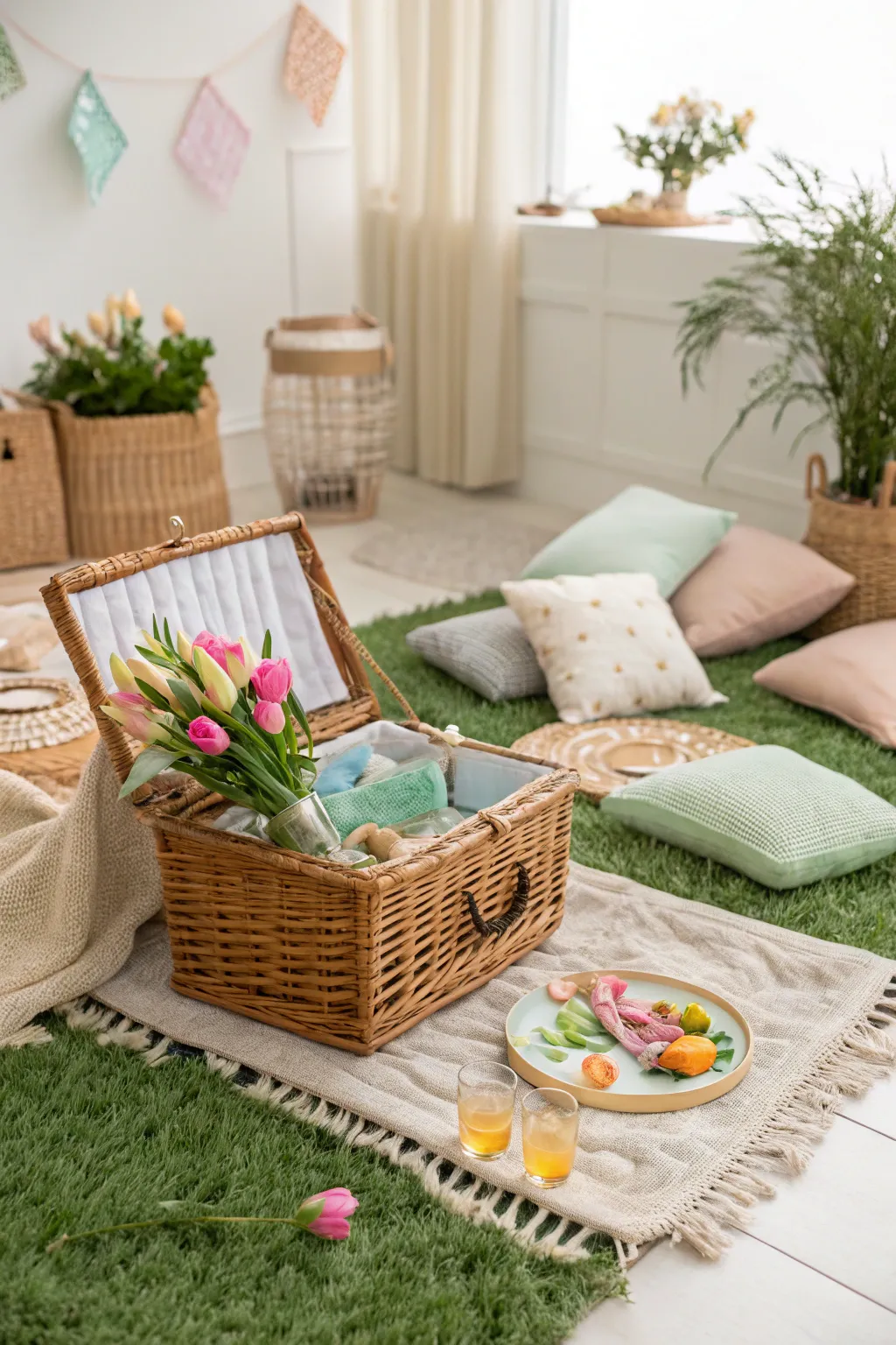 Bring the charm of a garden picnic indoors with this serene and stylish setup, perfect for a cozy spring day!