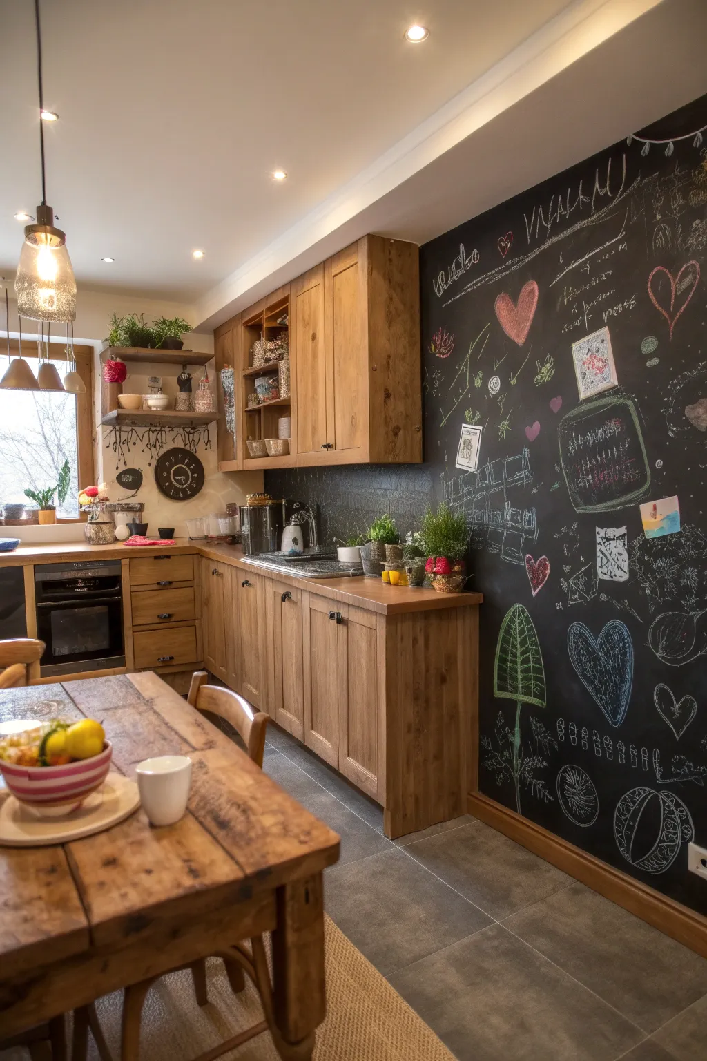 A chalkboard wall adds functionality and creativity.