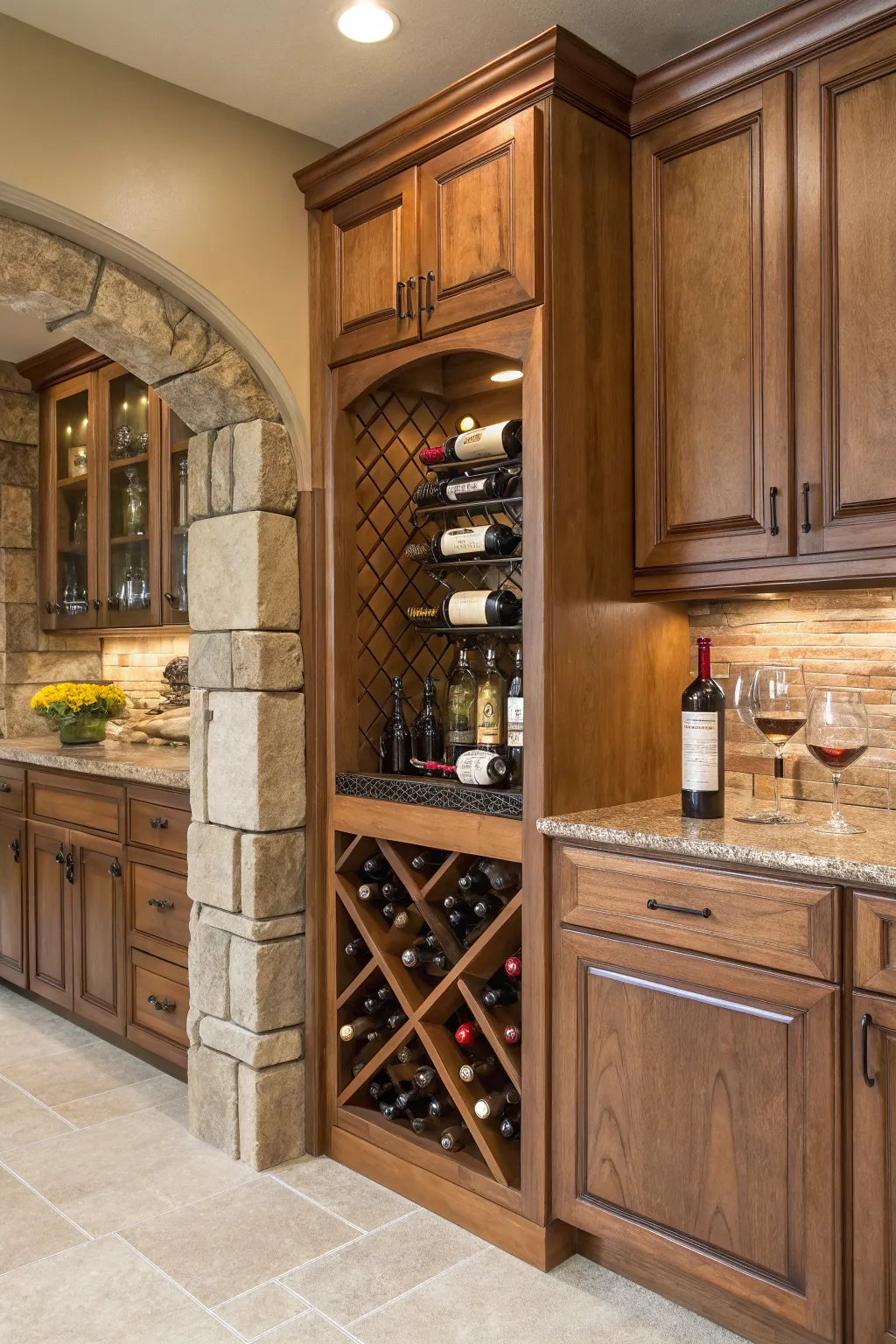 A built-in wine rack adds sophistication to this kitchen alcove.