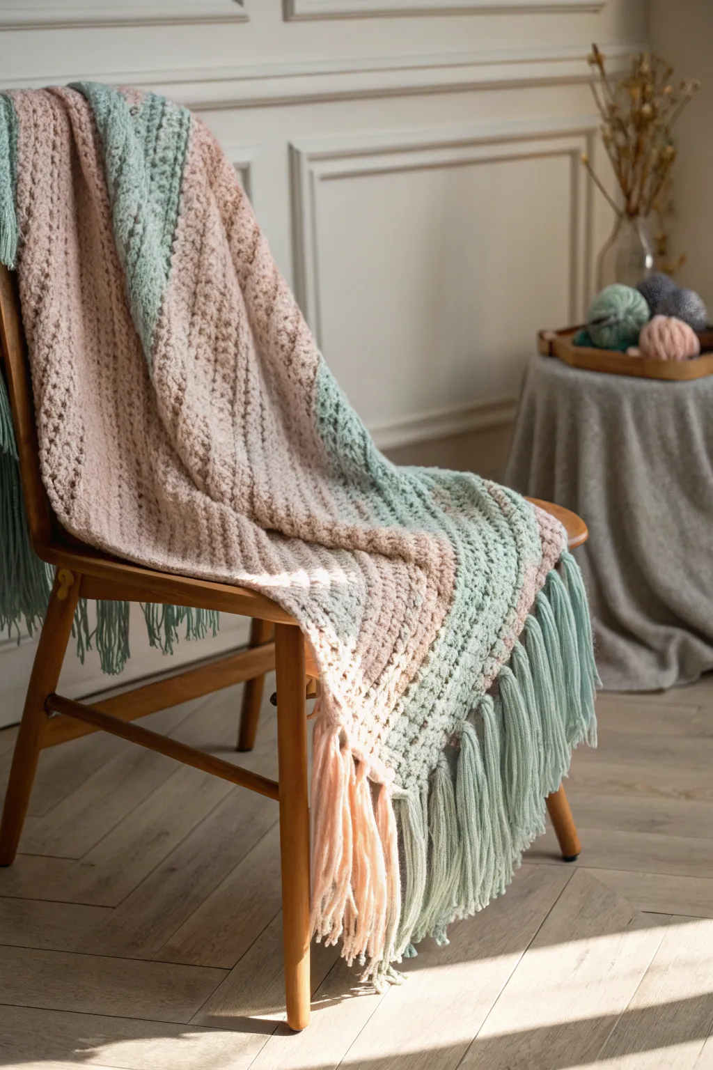 Embrace the boho-chic vibe with a tassel-fringed knit blanket that sways with every breeze.