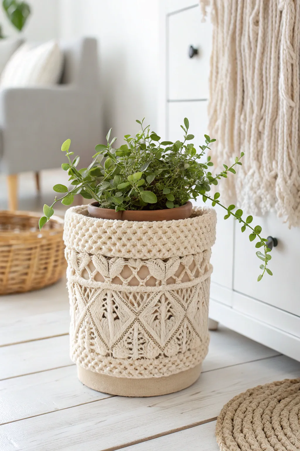 Add a touch of warmth and style to your plants with a cozy knitted planter cover!