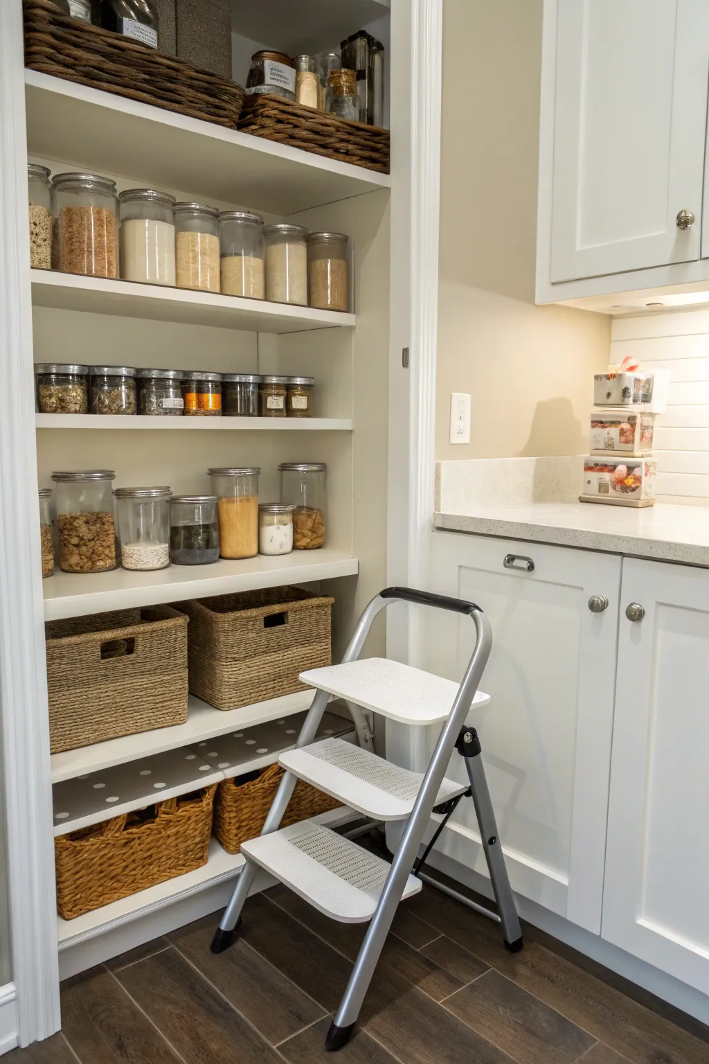 A folding step stool in an L-shaped pantry for convenient access to higher shelves.