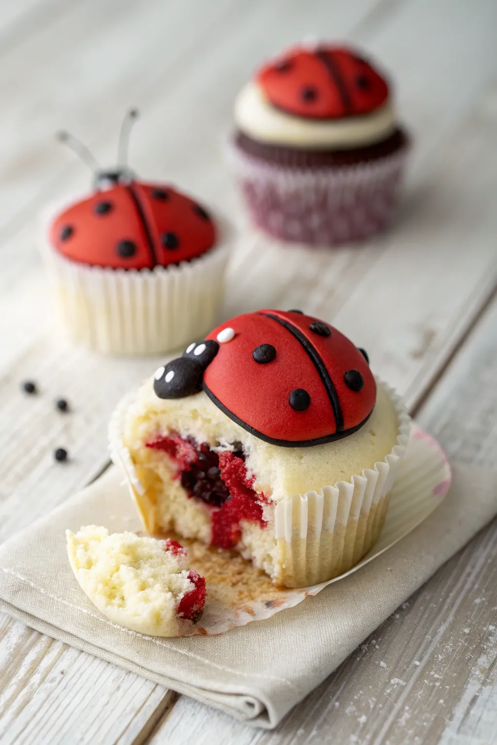 Delight in the surprise of a sweet berry filling, hidden within this charming ladybug cupcake. 🍰🐞