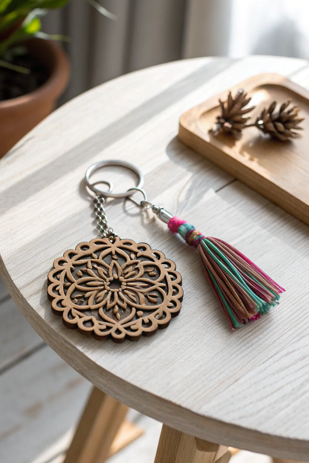 Embrace sustainable style with an eco-friendly laser-cut keychain that balances simplicity and craftsmanship.