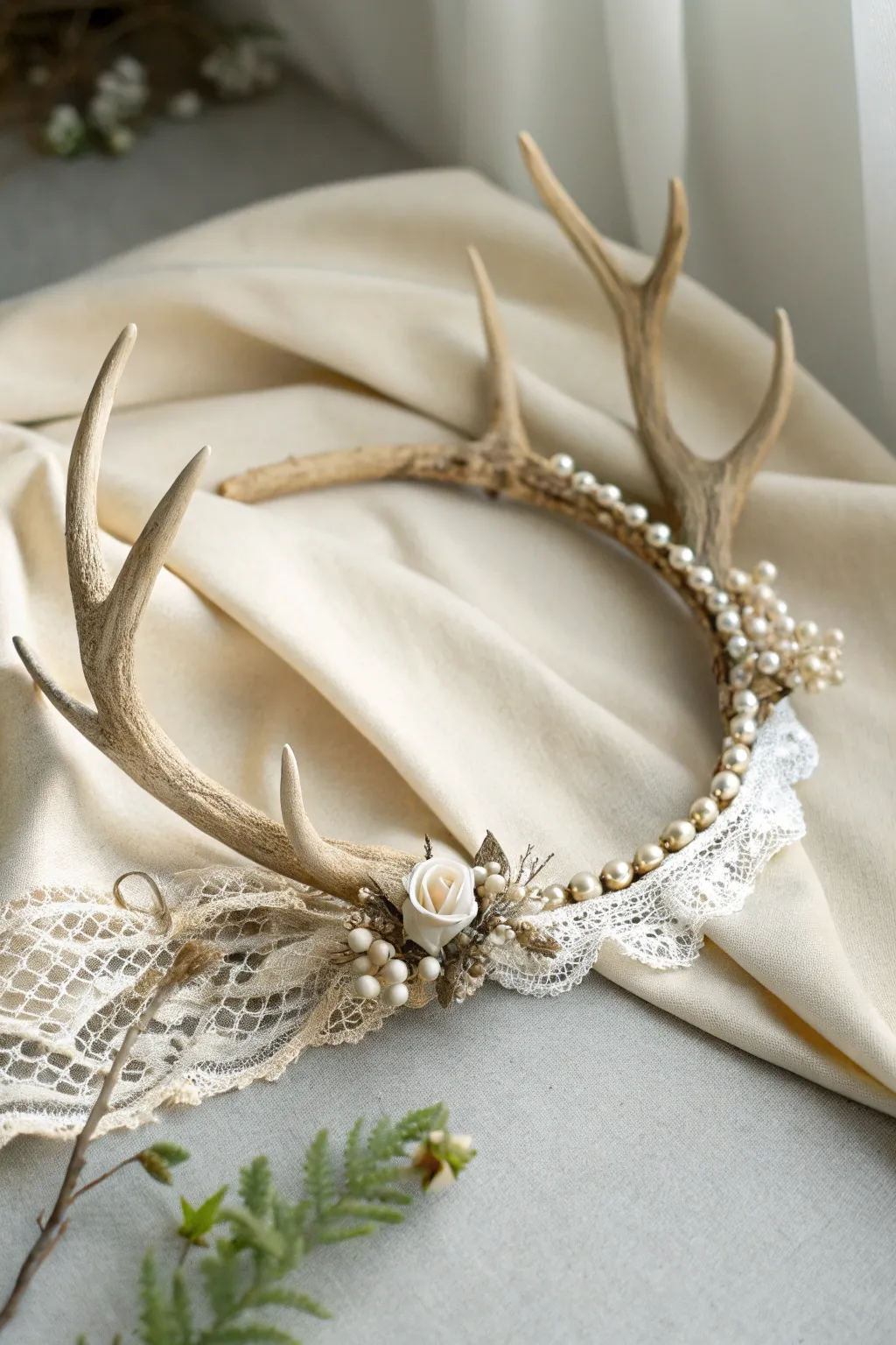 Enchant with elegance: DIY deer headpiece merging lace and pearls for a whimsical touch.