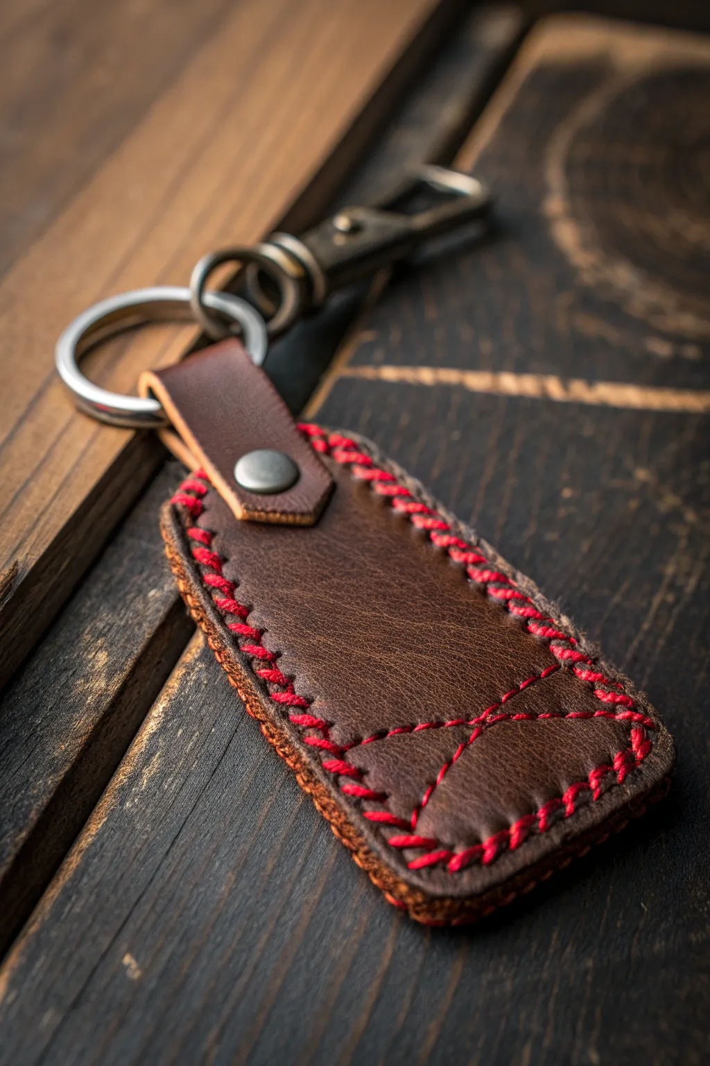 Elevate your style with a leather keychain featuring bold contrast stitching.