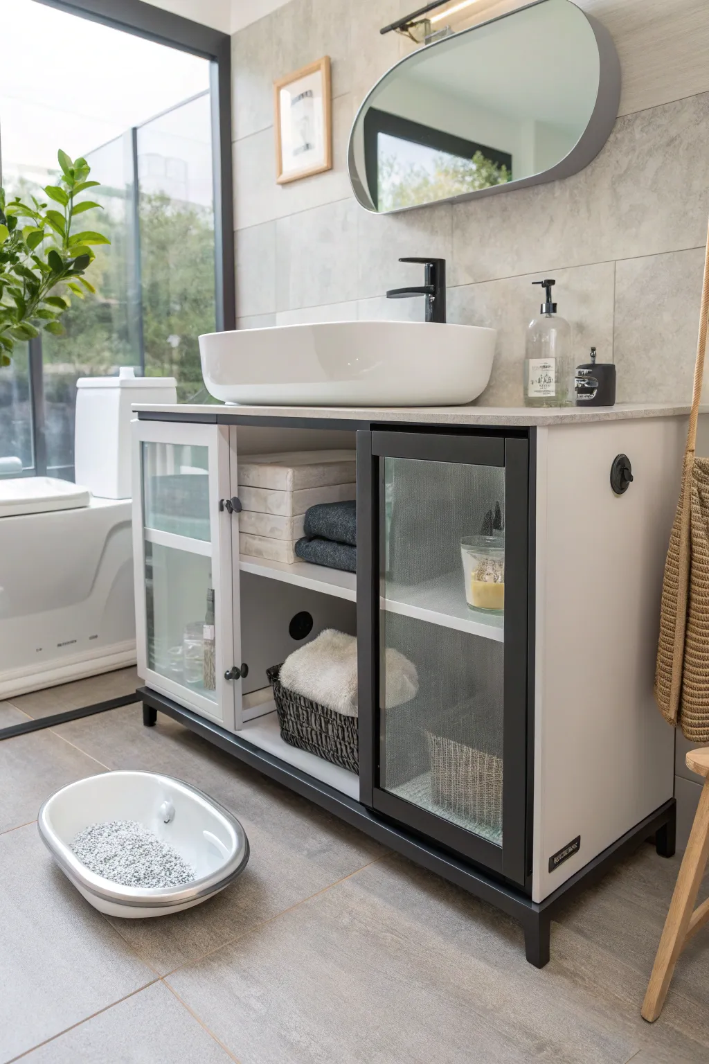 Transparent doors offer visibility and maintain a seamless bathroom aesthetic.