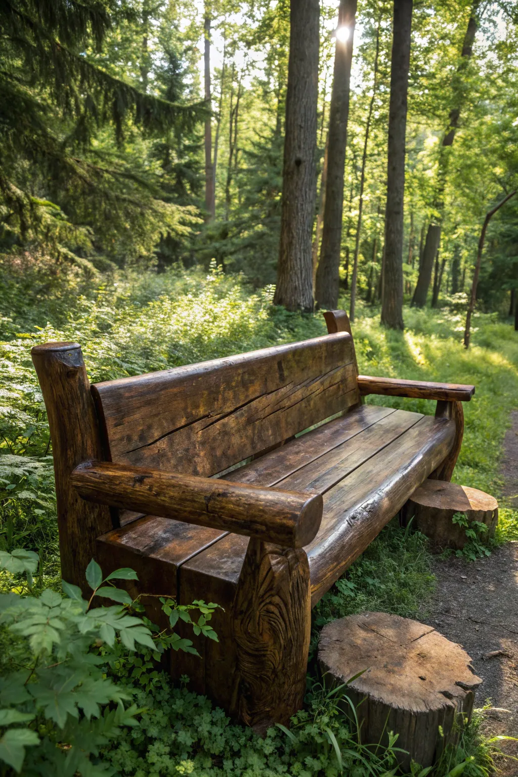Embrace rustic elegance with a handcrafted log bench, where comfort meets craftsmanship.