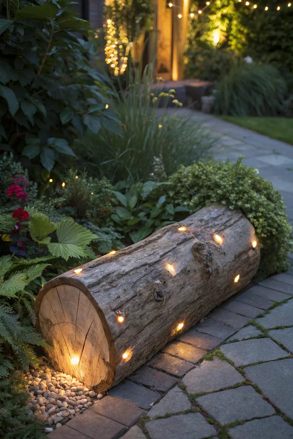 Illuminate your garden with artisanal log lighting for a touch of magic.