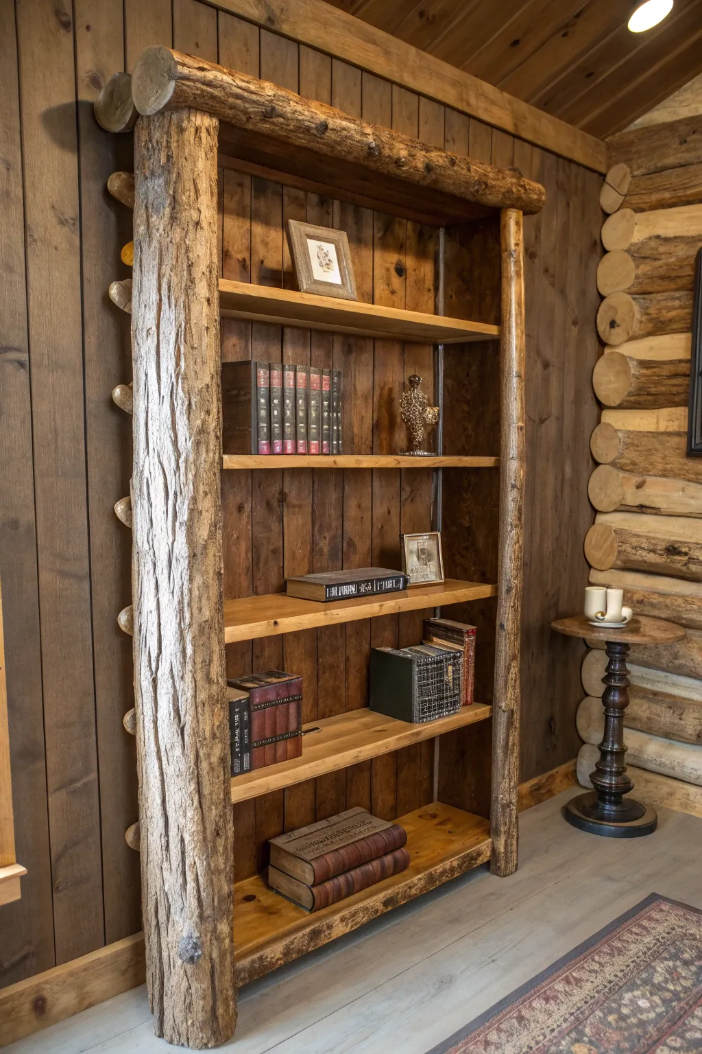 Craftsmanship meets nature: A log bookshelf that tells its own story.
