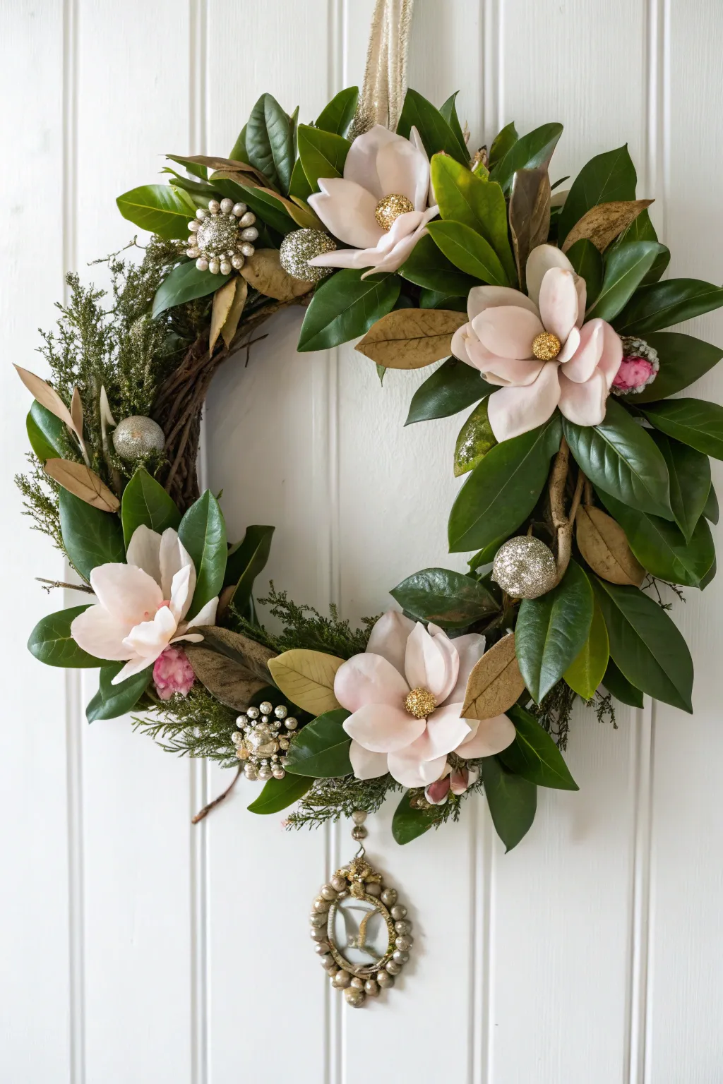 Infuse your space with vintage charm and personal history through this stunning magnolia wreath, adorned with treasured buttons and brooches. #DIYDecor #VintageElegance