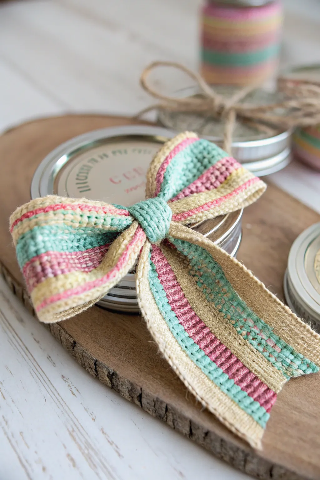 Add a pop of color and rustic charm to your decor with this vibrant burlap bow mason jar lid ornament.