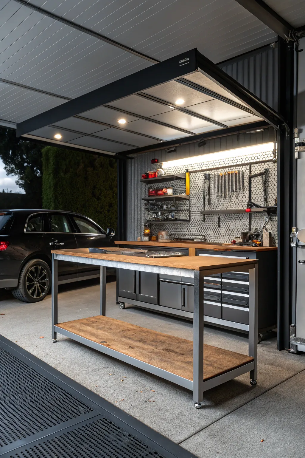 Transform your carport into a stylish and functional haven with this impeccably crafted workbench centerpiece.