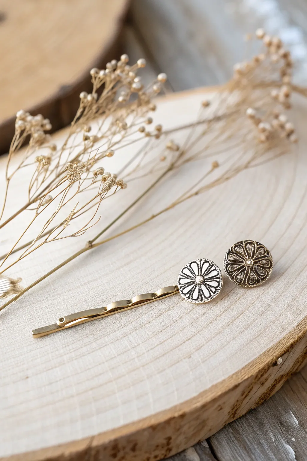 Elevate your hairstyle with bespoke metal-stamped hairpins that blend minimalist elegance and boho charm.
