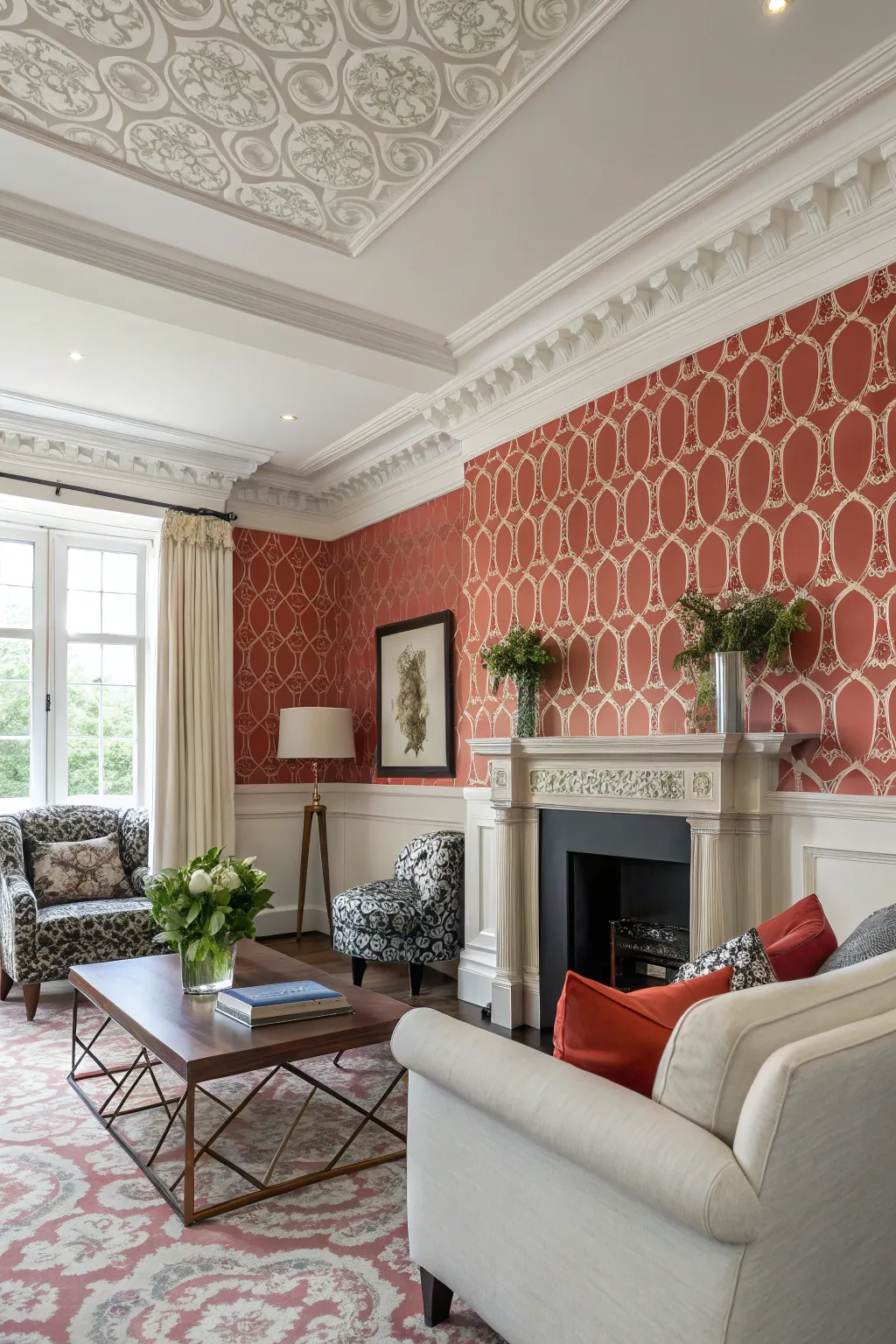 Crown molding contrasting with wallpaper for a dynamic look.