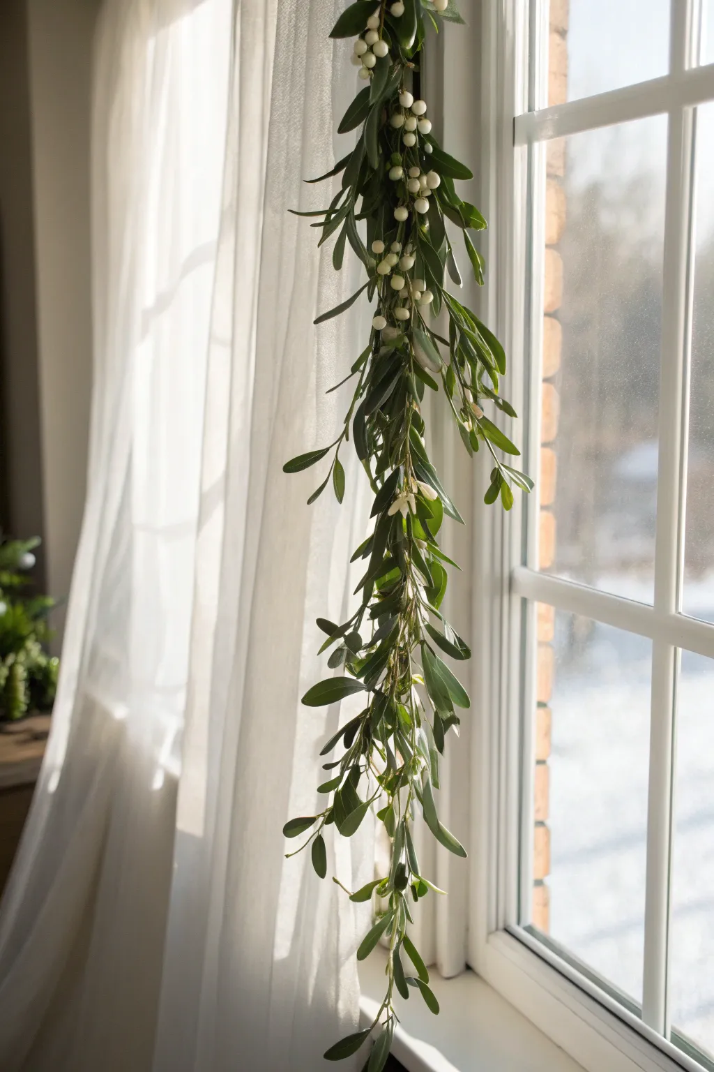 Capture the magic of sunlight dancing on mistletoe for a festive, minimalist window display.