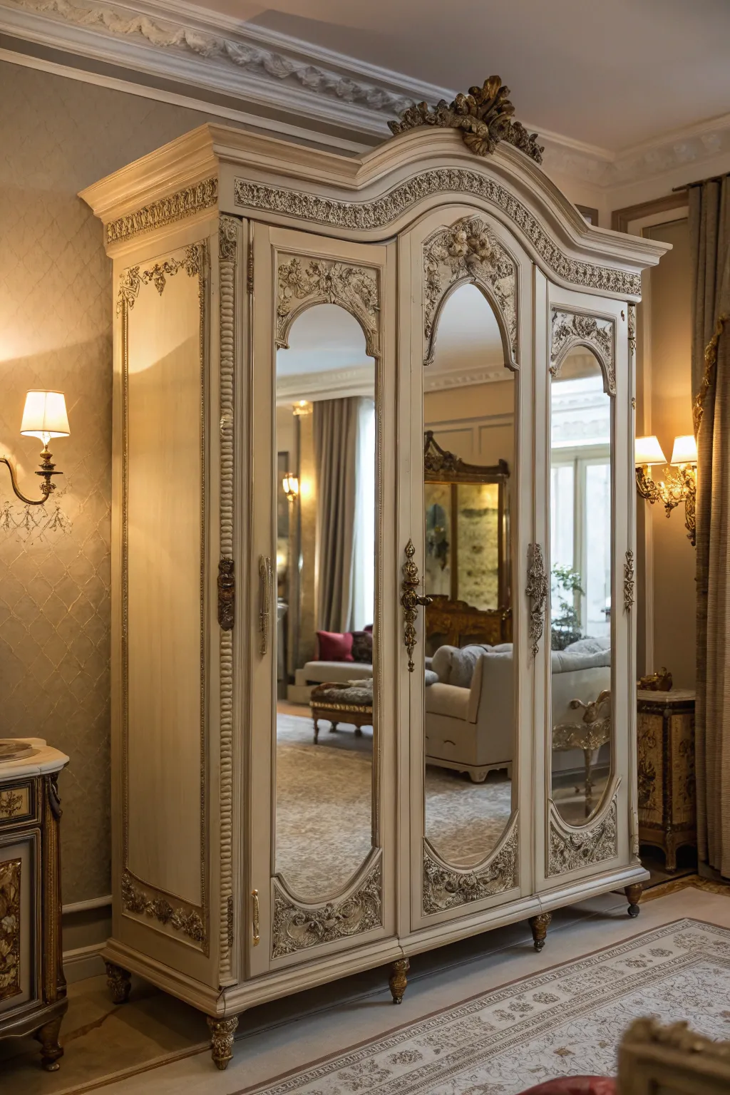 Mirrors adding dimension and light to an armoire.
