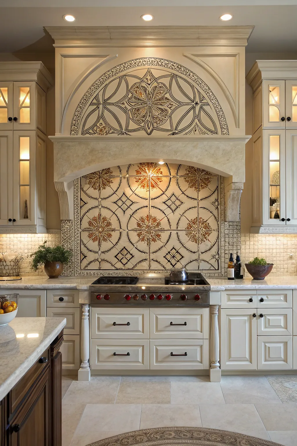 Symmetrical mosaics bring harmony and order to the kitchen.