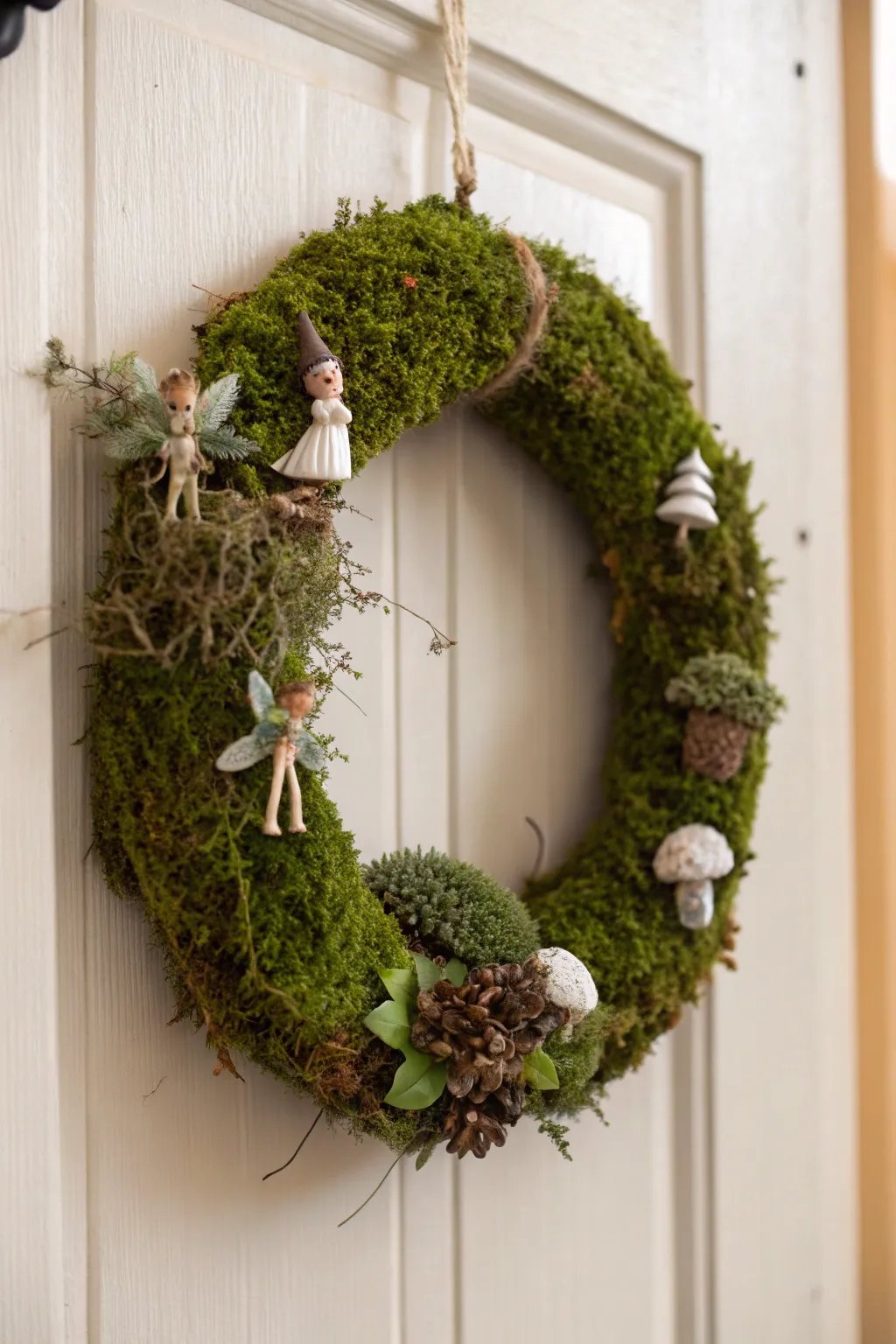 Discover the whimsical charm of a moss wreath with hidden surprises, perfect for adding a playful touch to your serene space.