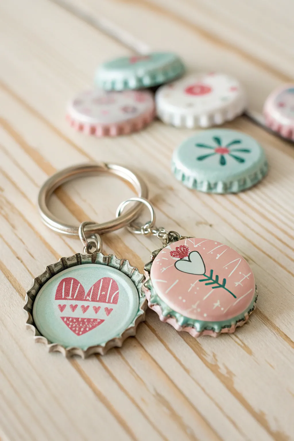 A heartwarming Mother's Day gift: a handmade bottle cap keychain, blending creativity with minimalist charm.