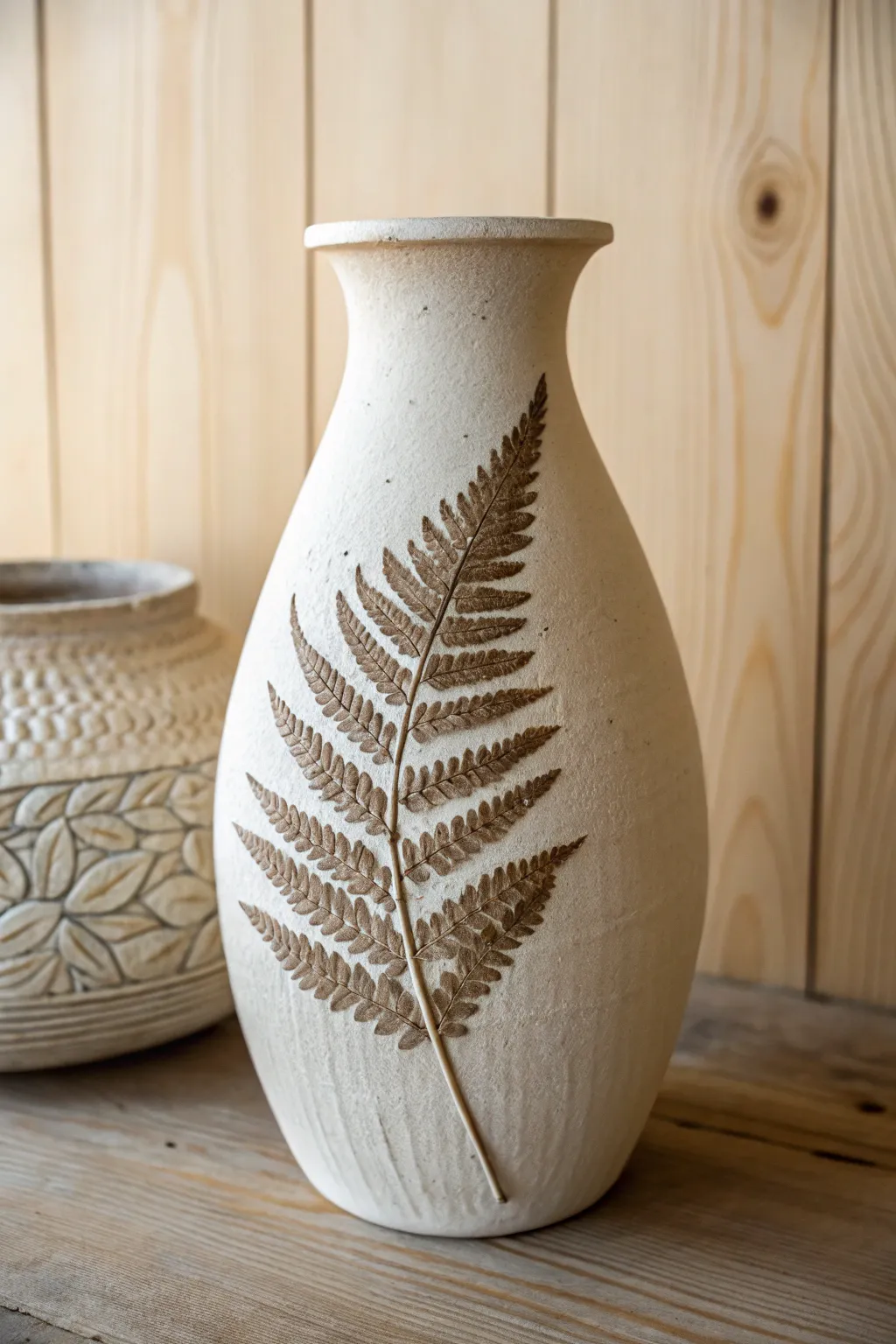 Capture nature's beauty with botanical impressions: a fern-adorned mud vase for your minimalist oasis.