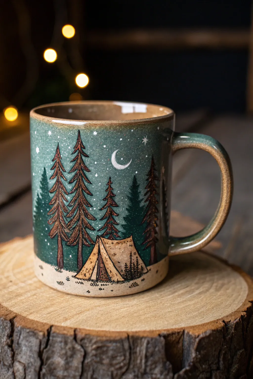Sip your coffee under the stars with this beautifully crafted camping scene mug.
