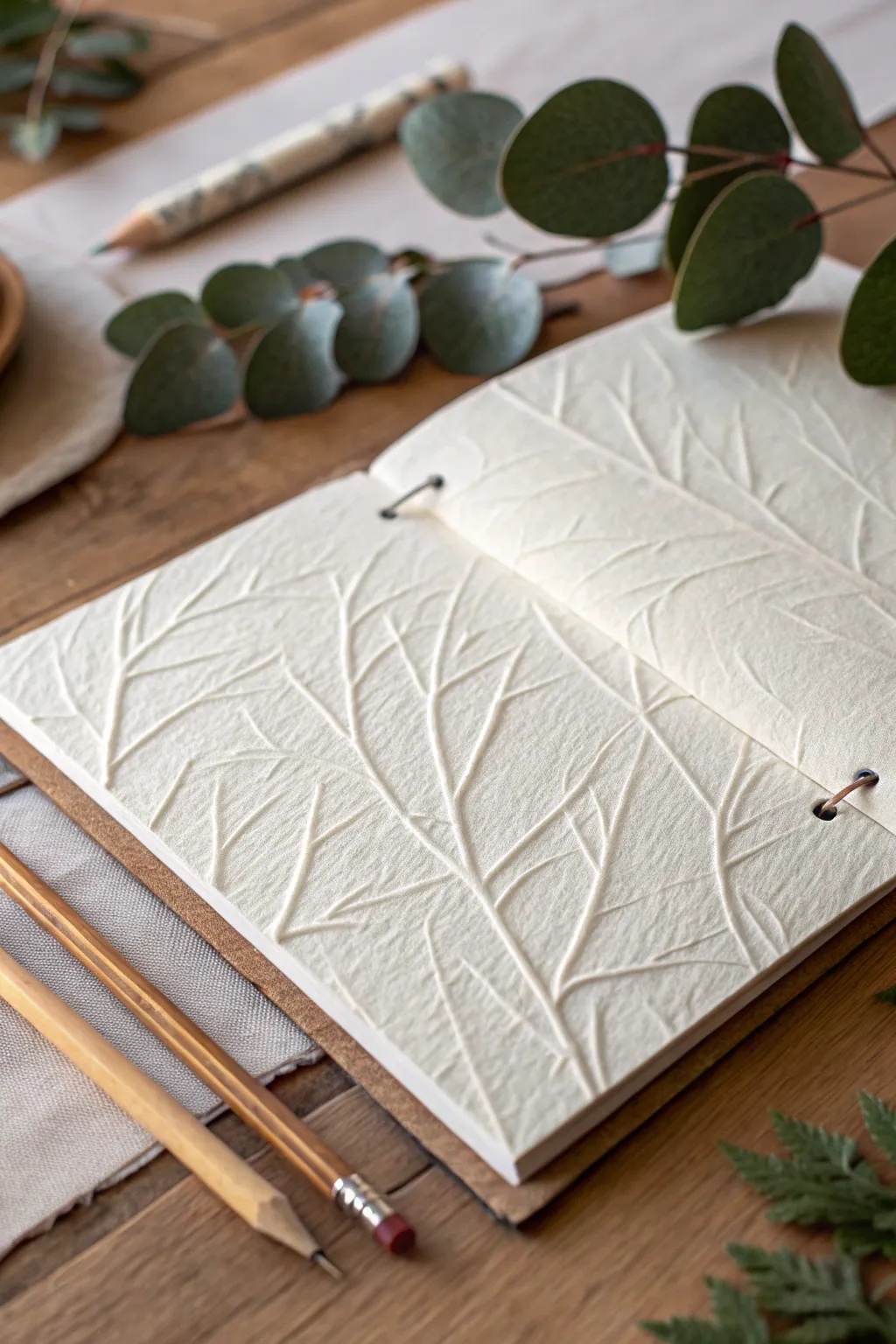 Capture nature's beauty with textured rubbings in your minimalist scrapbook.