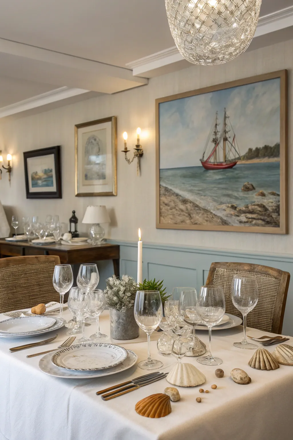 Enhance your dining area with nautical still-life paintings.