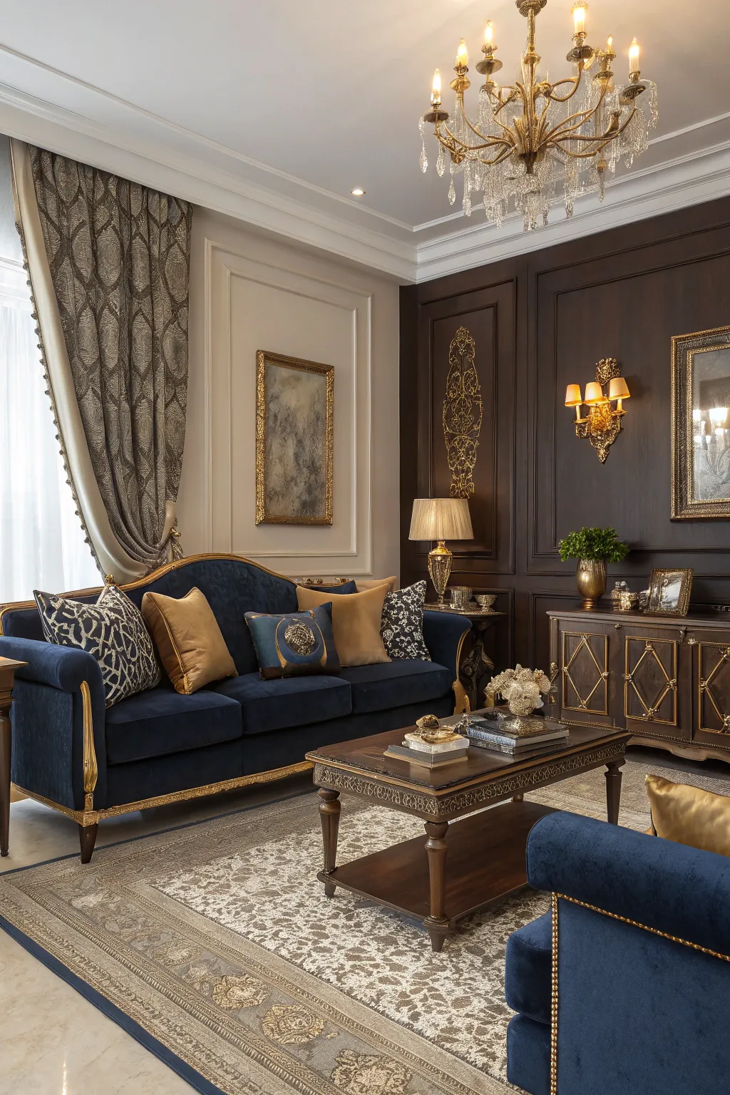 Navy and brown with gold details create a traditional and luxurious living room.