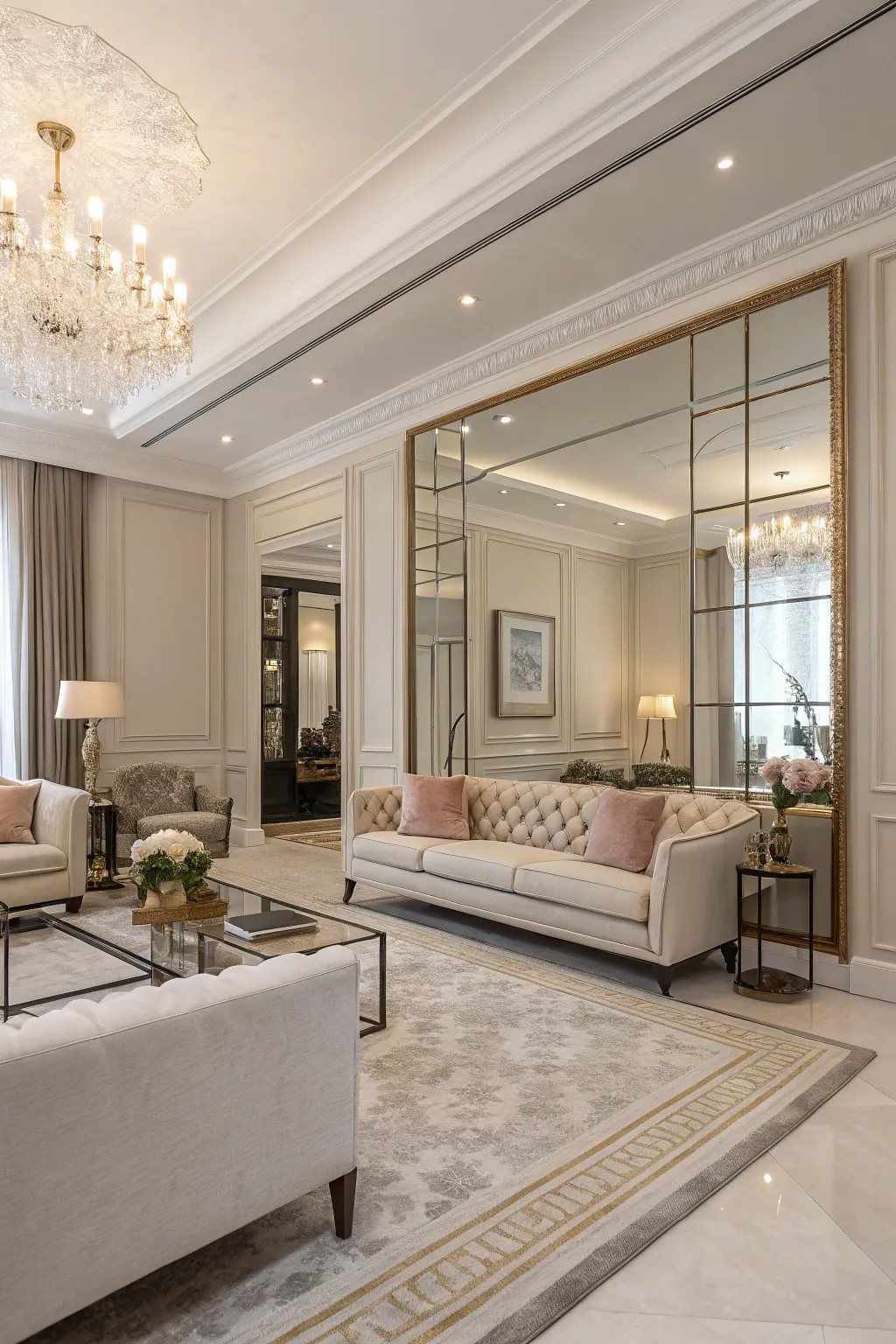 Large mirrors amplify light and add depth to a modern, neutral living room.