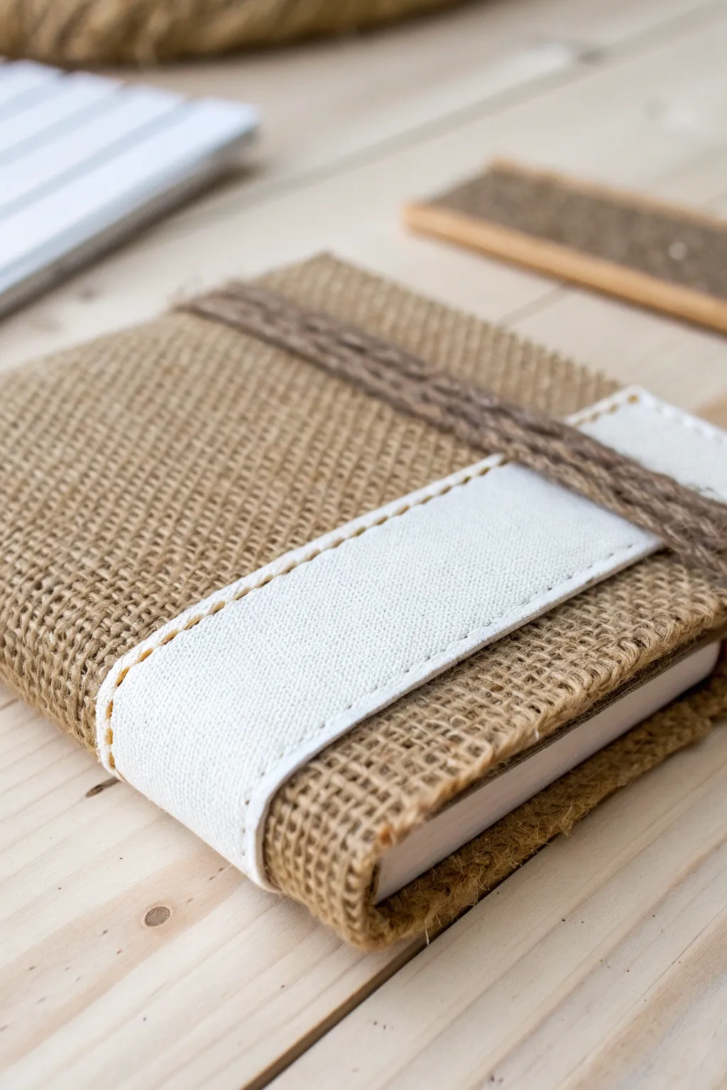 Explore the art of textures: A notebook cover that beautifully blends burlap and paper for a chic, minimalist touch.