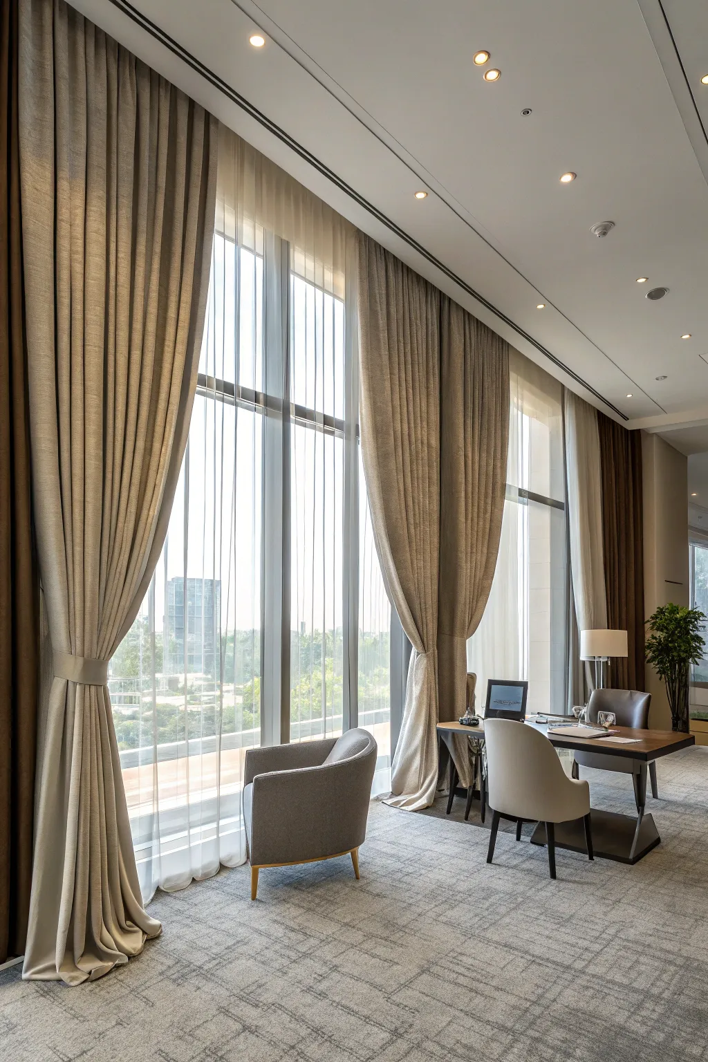 Floor-to-ceiling curtains add drama and elegance.