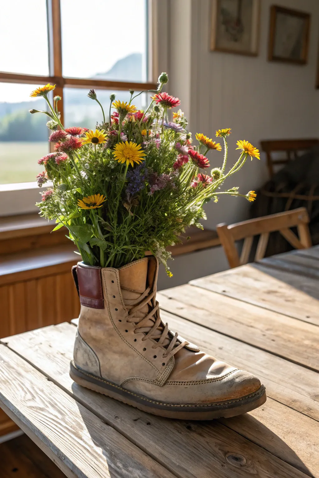 Transform your table with a charming boot planter centerpiece, where vintage style meets natural beauty.