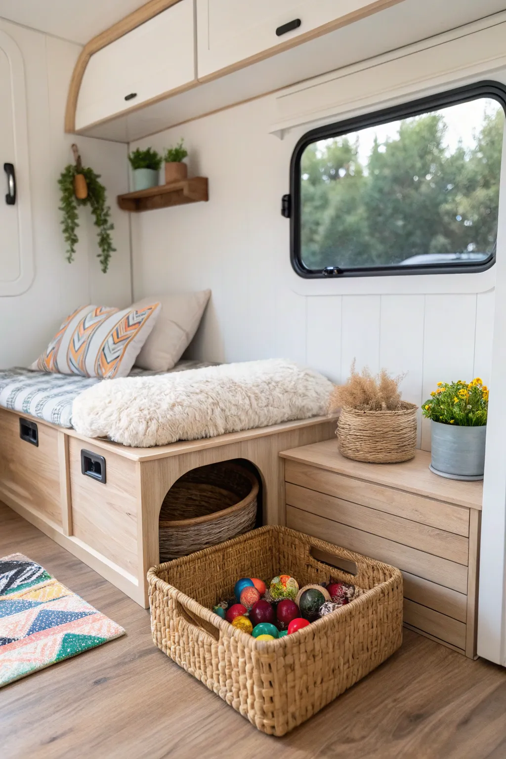 Transform your camper into a cozy haven for your furry friend with a stylish pet corner that blends simplicity and natural beauty.