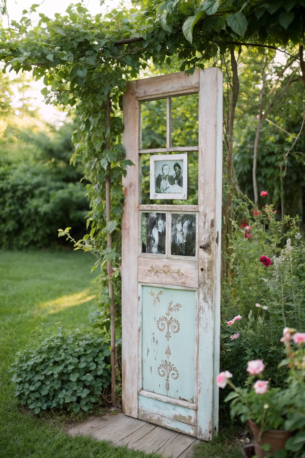Transform your garden into an outdoor oasis with a charming door picture frame display.