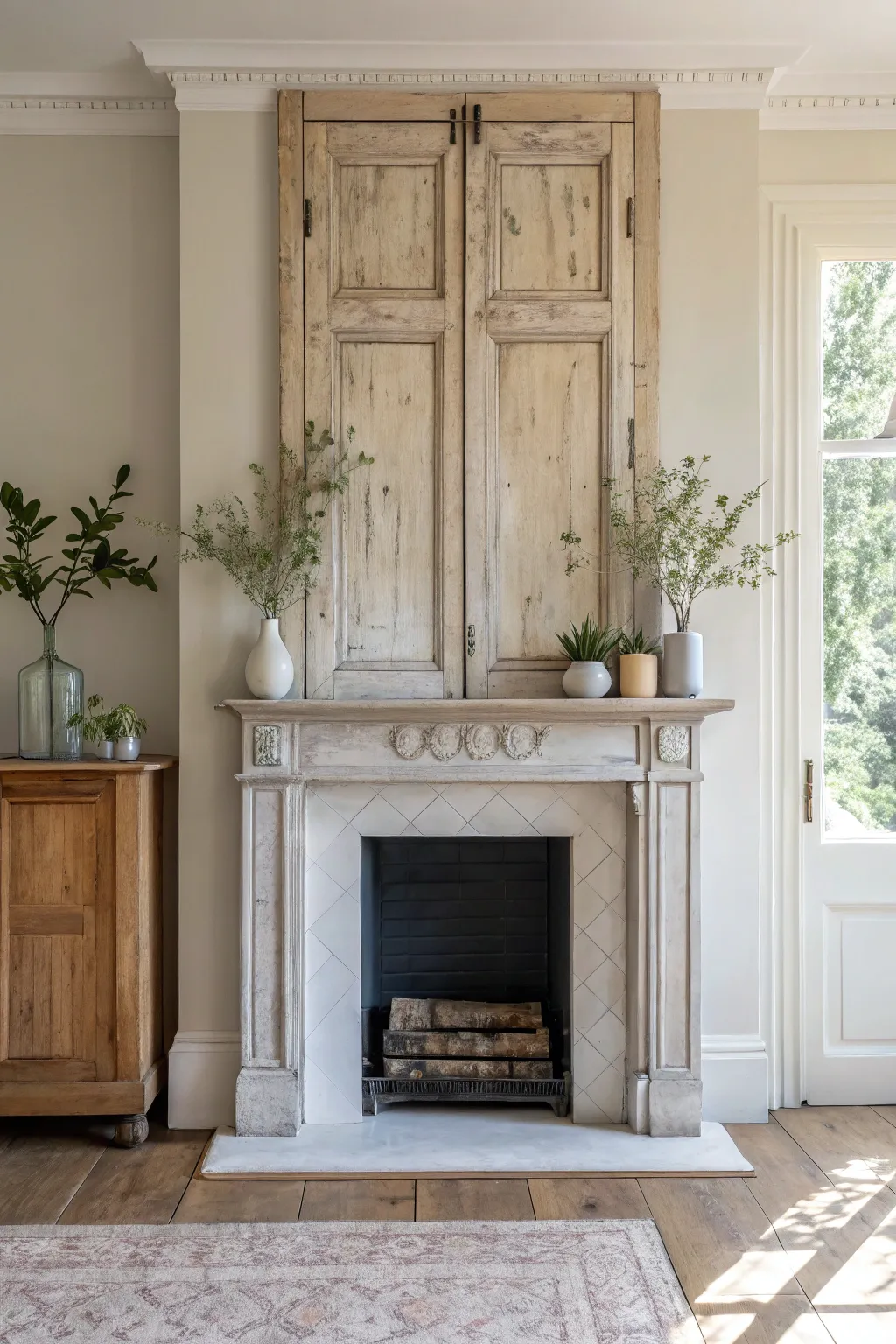 Transform your living space with a touch of rustic elegance using a repurposed door mantelpiece. #UpcycledBeauty #ScandiBoho