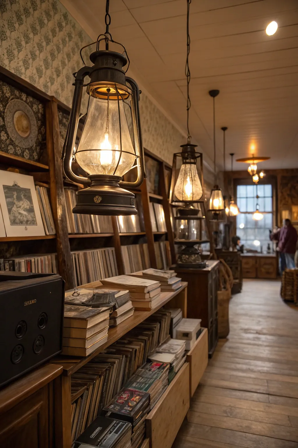 Antique lanterns casting a soft glow in a store.