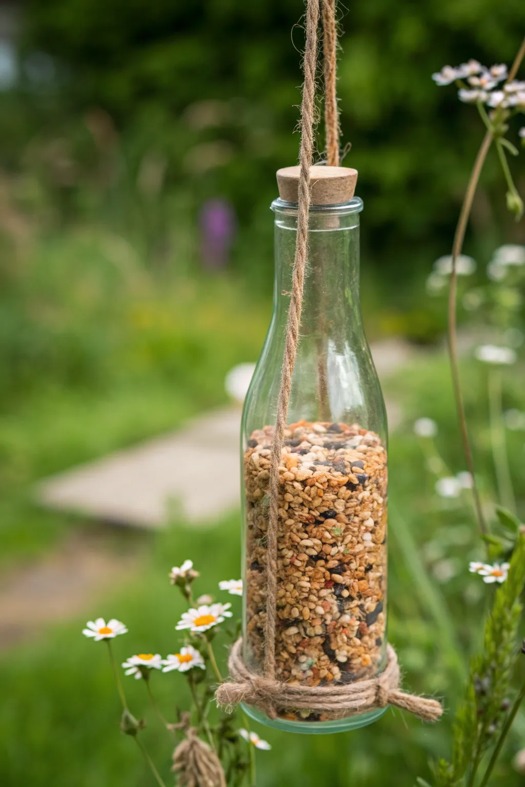 Invite nature's charm to your garden with a whimsical glass bottle bird feeder, where simplicity meets elegance.