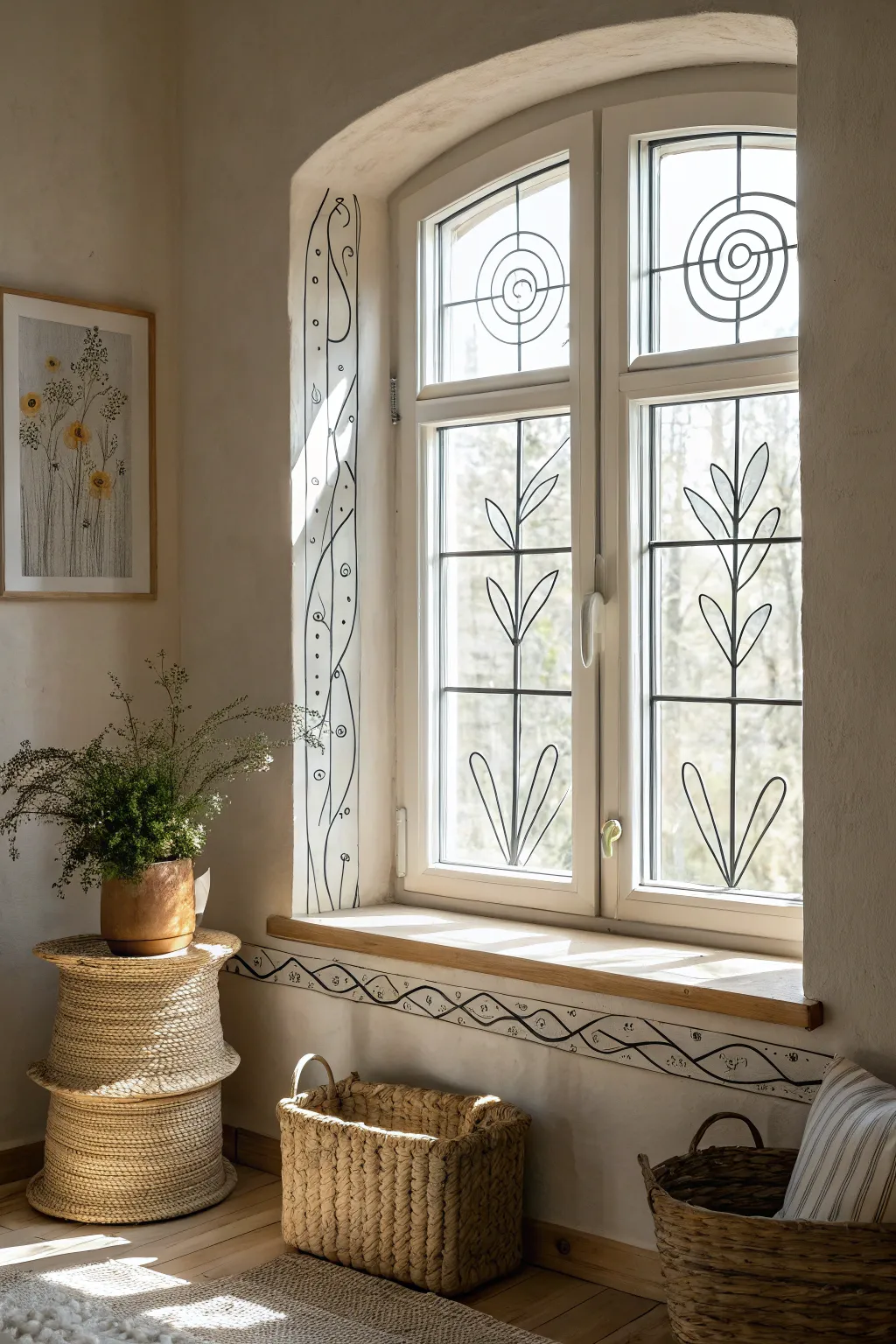 Transform your space with the elegance of minimalist line art on vintage windows. Less is truly more.