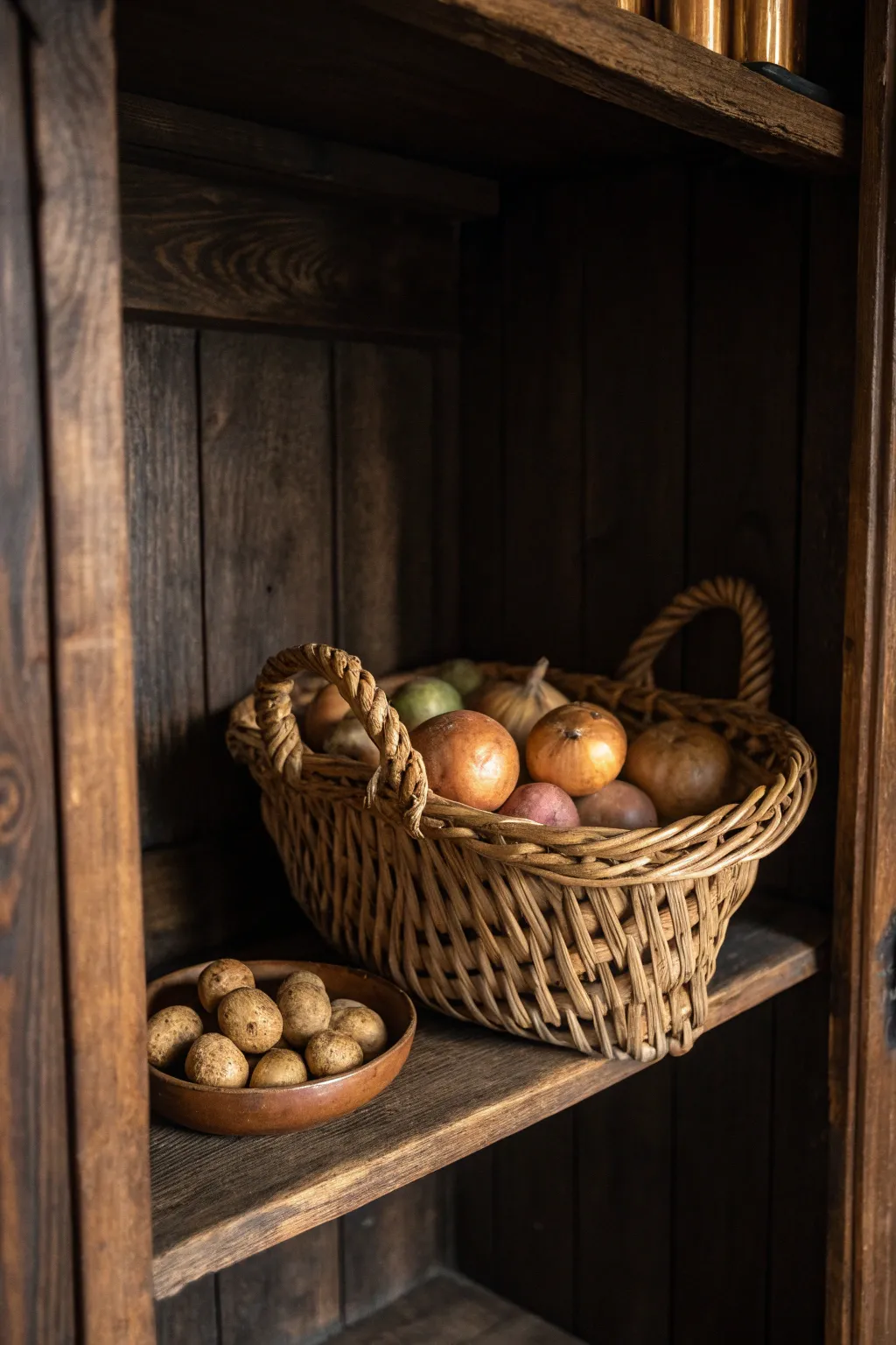 Elevate your pantry storage with artisanal charm: keep potatoes fresh in a beautifully crafted basket.