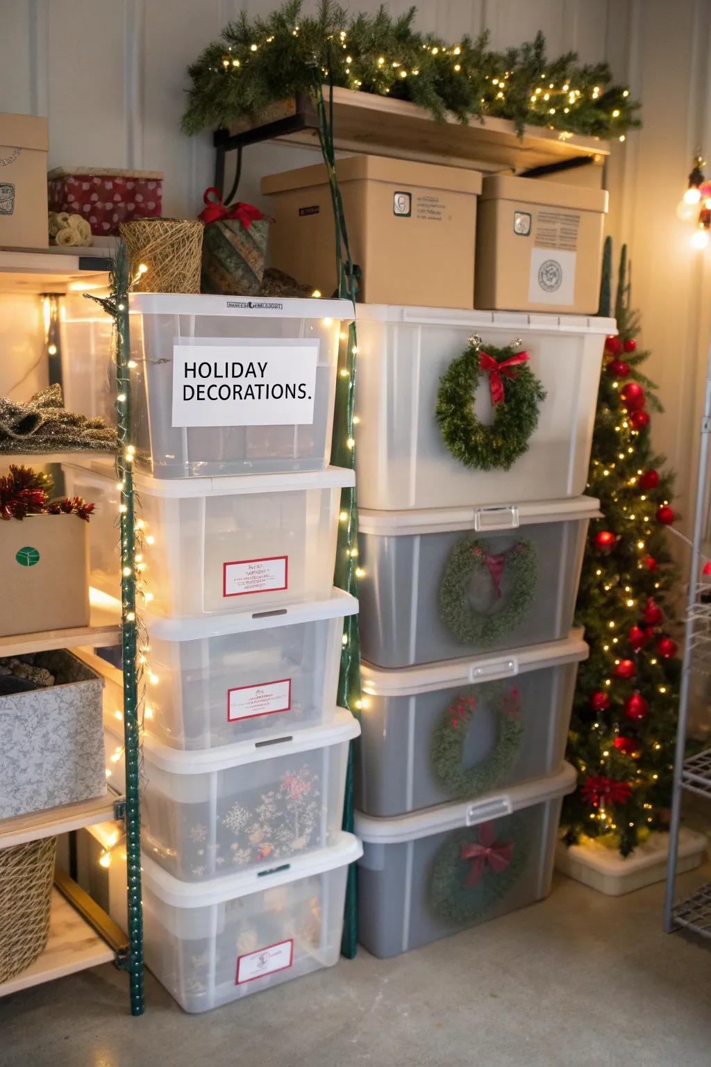 Holiday decorations neatly stored in labeled bins