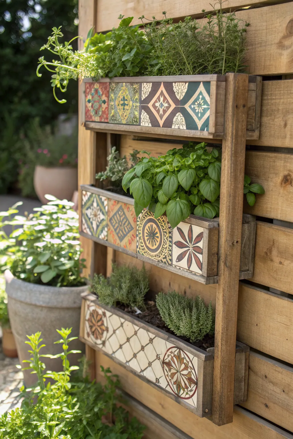 Elevate your herb garden with handcrafted tile shelves that blend artistry and functionality.