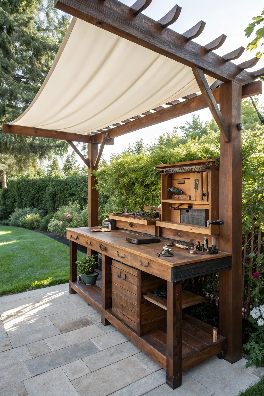 Elevate your outdoor workspace with the elegance of a canvas pergola.