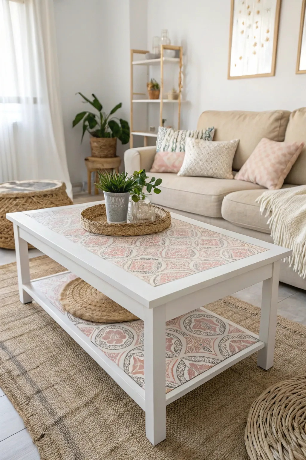 Transform your coffee table with a splash of color and pattern using peel-and-stick wallpaper. Elevate your space with simplicity and style.