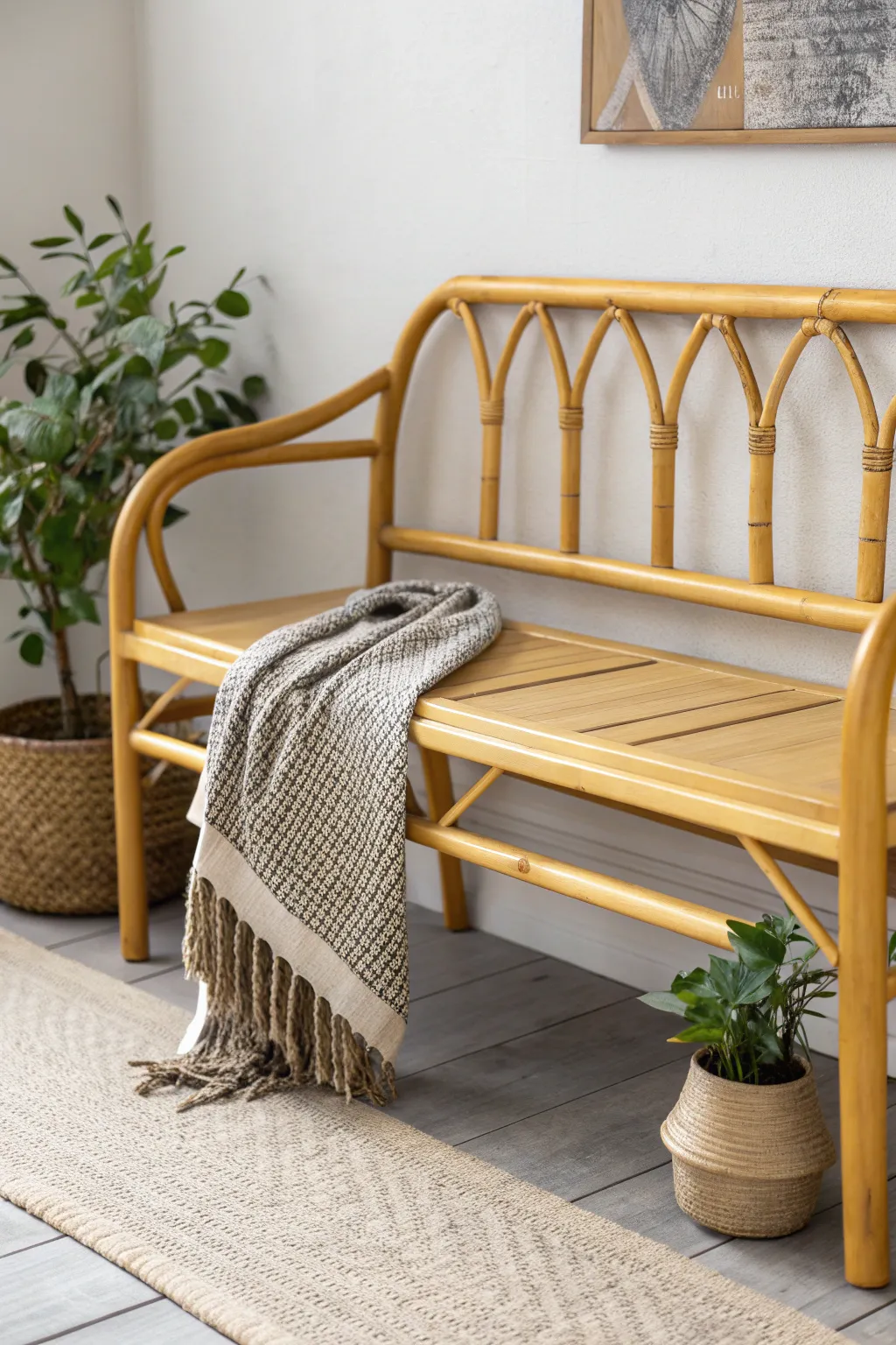 Welcome warmth and style to your home with a chic mustard yellow bamboo bench. Perfect for a sunny entryway!